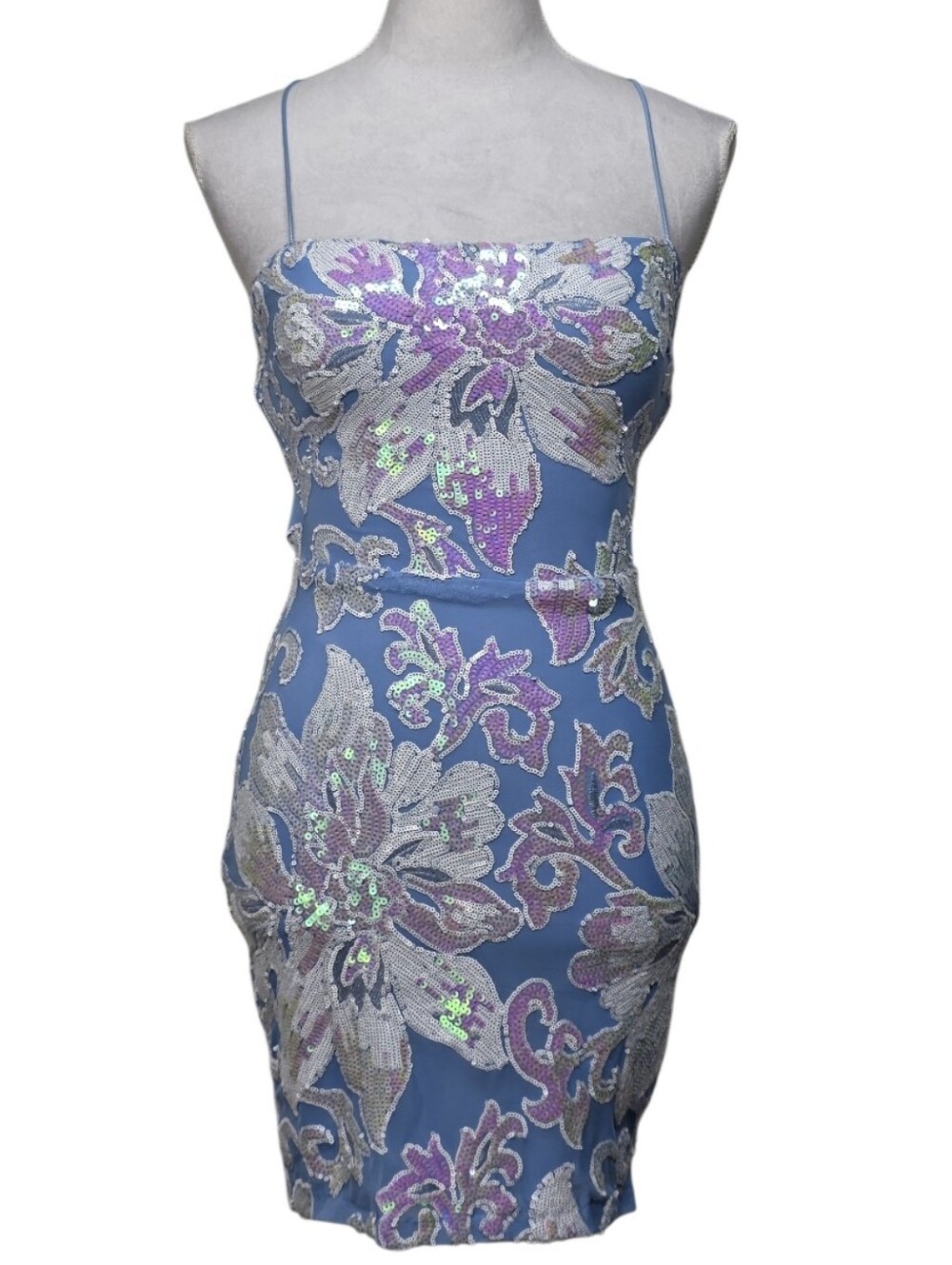 B Darlin Light Blue Sequins Floral Bodycon Dress Size 3/4